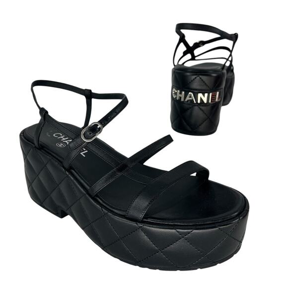 Chanel 2023 Calfskin Quilted Slingback Wedge Logo Sandals - Picture 1 of 16